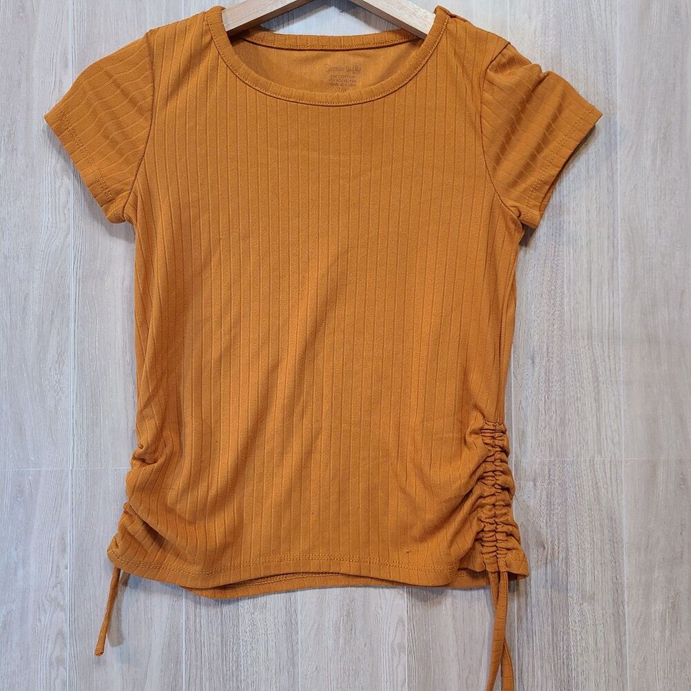 Sophia & Lily Girls Top Size 7-8 Caramel Brown Ribbed Ruched Drawstring Side Tee